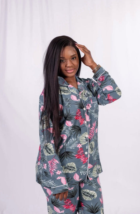 Ensemble Pyjama Imprimé Palme : Bleu Pastel