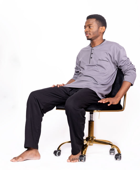 Ensemble de pyjama Henley à col noir et pantalon 100 % coton, 2 pièces